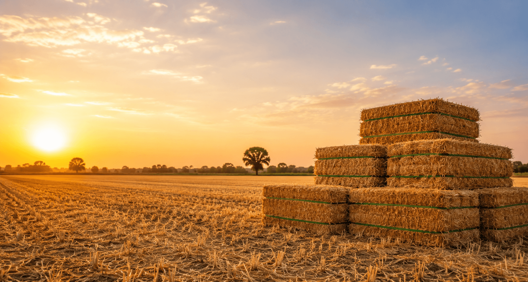 Hay bales in a golden agricultural field at sunset